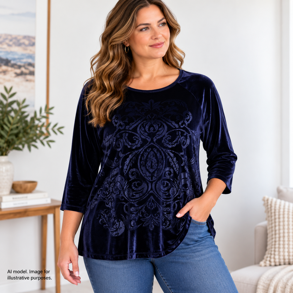 Chicos Shirt 2 Womens L Navy Blue Velvet Burnout Floral Pullover Top 3/4 Sleeve
